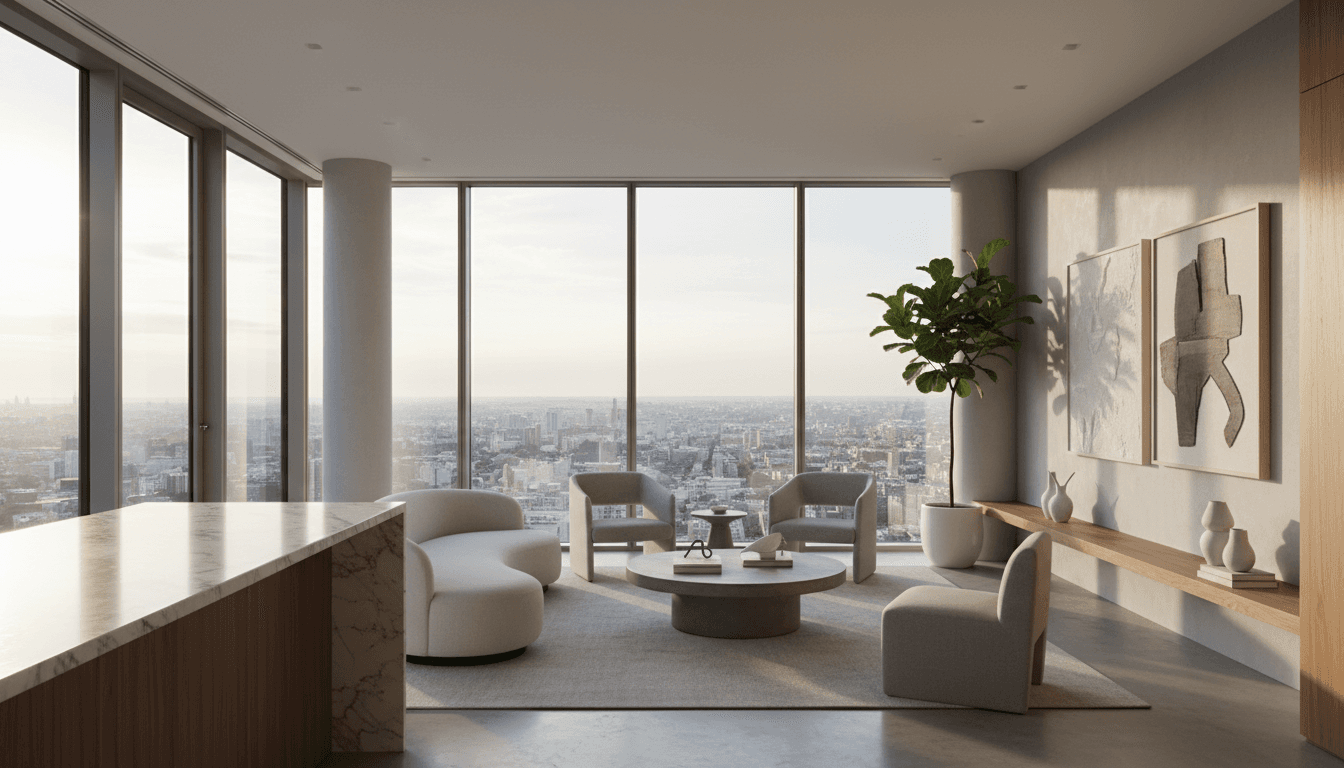 Interior minimalista de propiedad de lujo en Cancún con vistas al océano y superficies elegantes