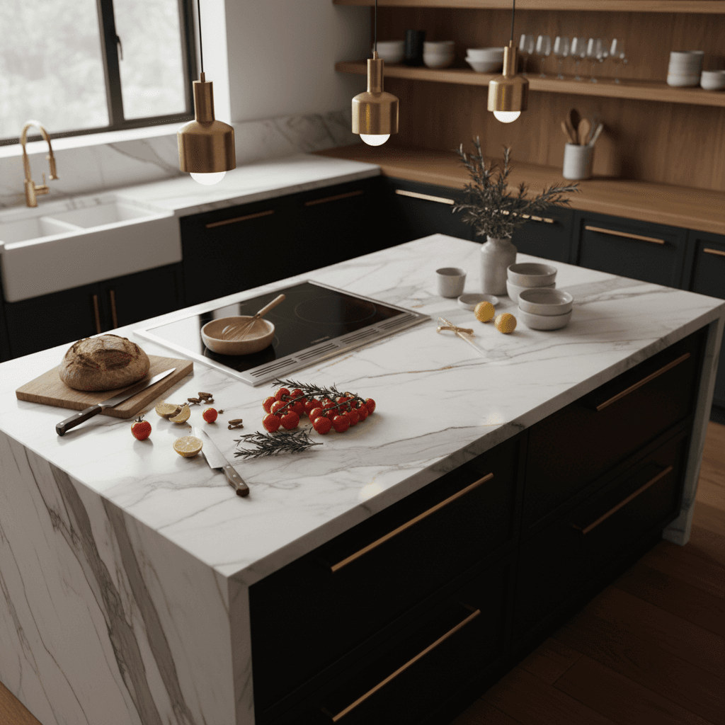 Cocina abierta con detalles en mármol