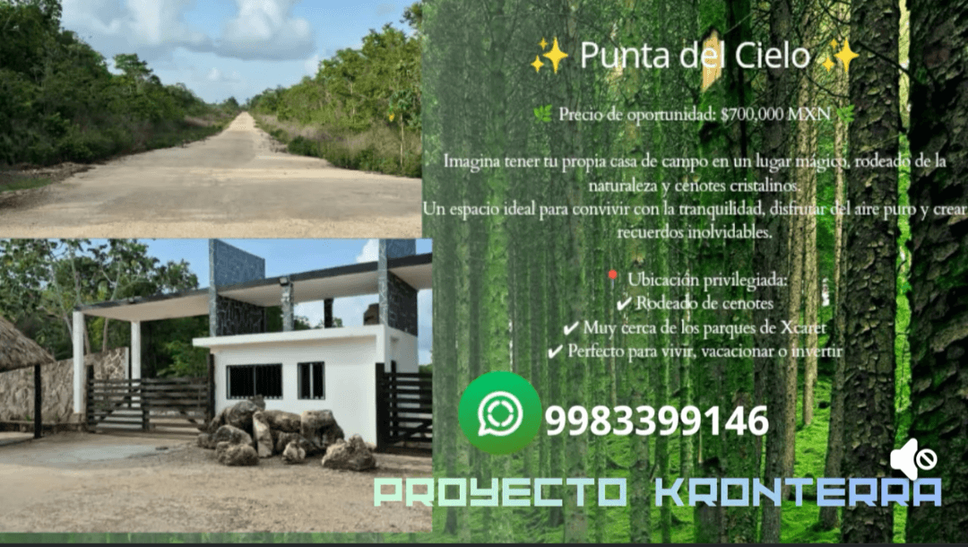 Anuncio inmobiliario Punta del Cielo con camino rural, entrada moderna y denso bosque tropical.