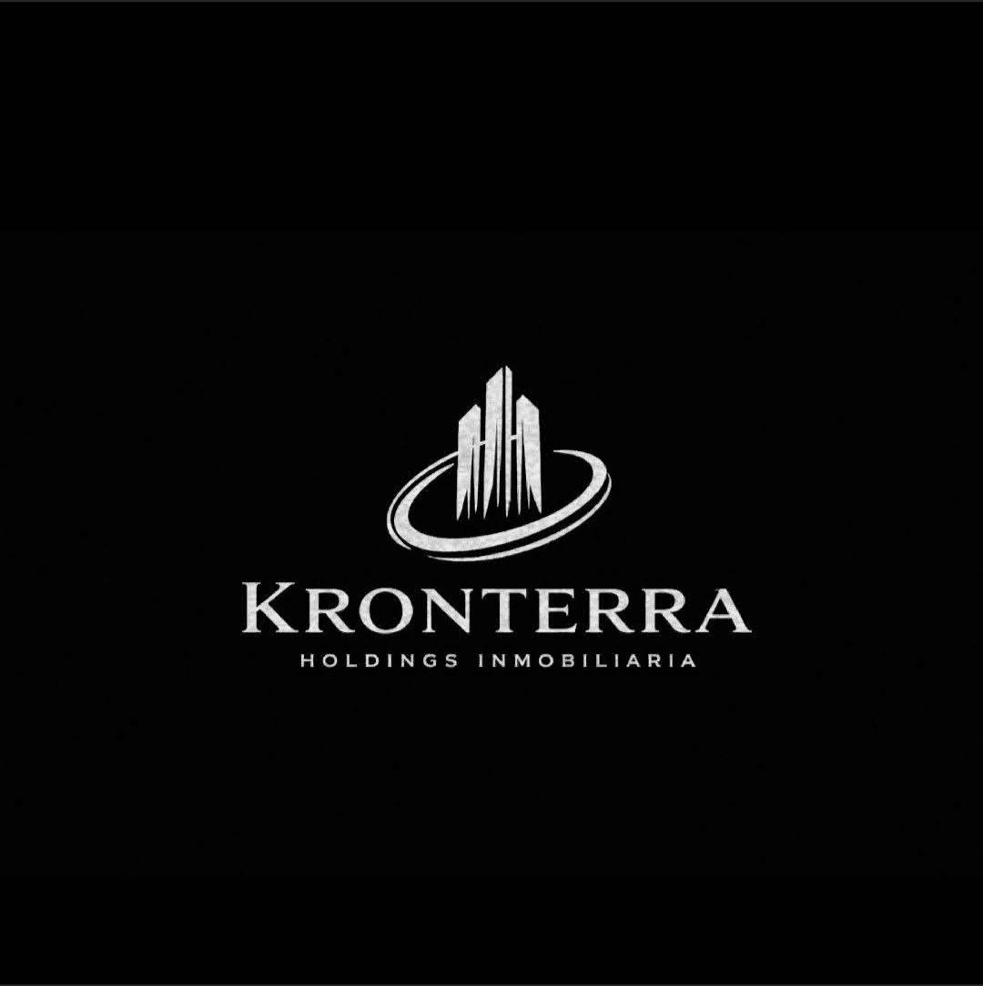 Logotipo blanco de Kronterra Holdings Inmobiliaria con rascacielos y un anillo sobre fondo negro.
